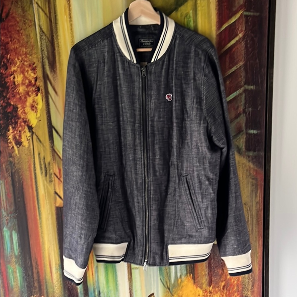 Abercrombie & Fitch Charcoal Fall Denim Style Bomber Jacket with Cream Accents